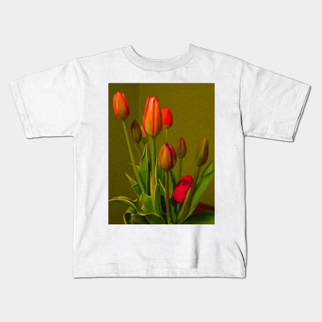 Tulips Against Green Kids T-Shirt by ninasilver